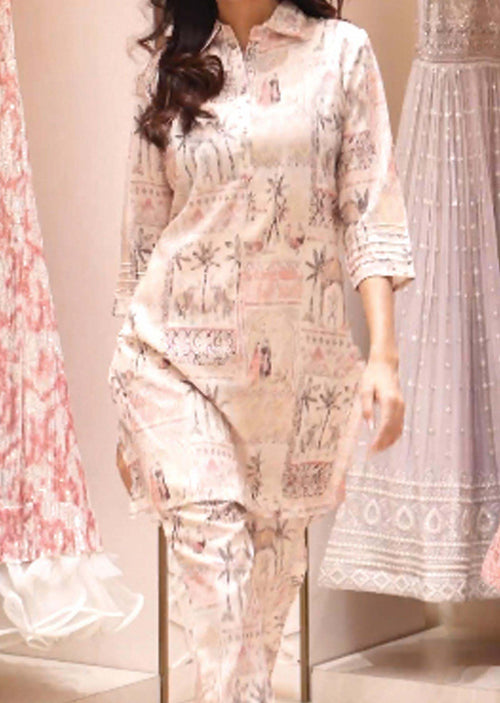 Beige Linen Printed Co-Ord Set