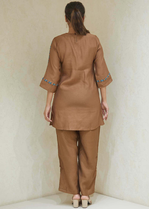 Brown Soft Silk Resham Work Co-Ord Set