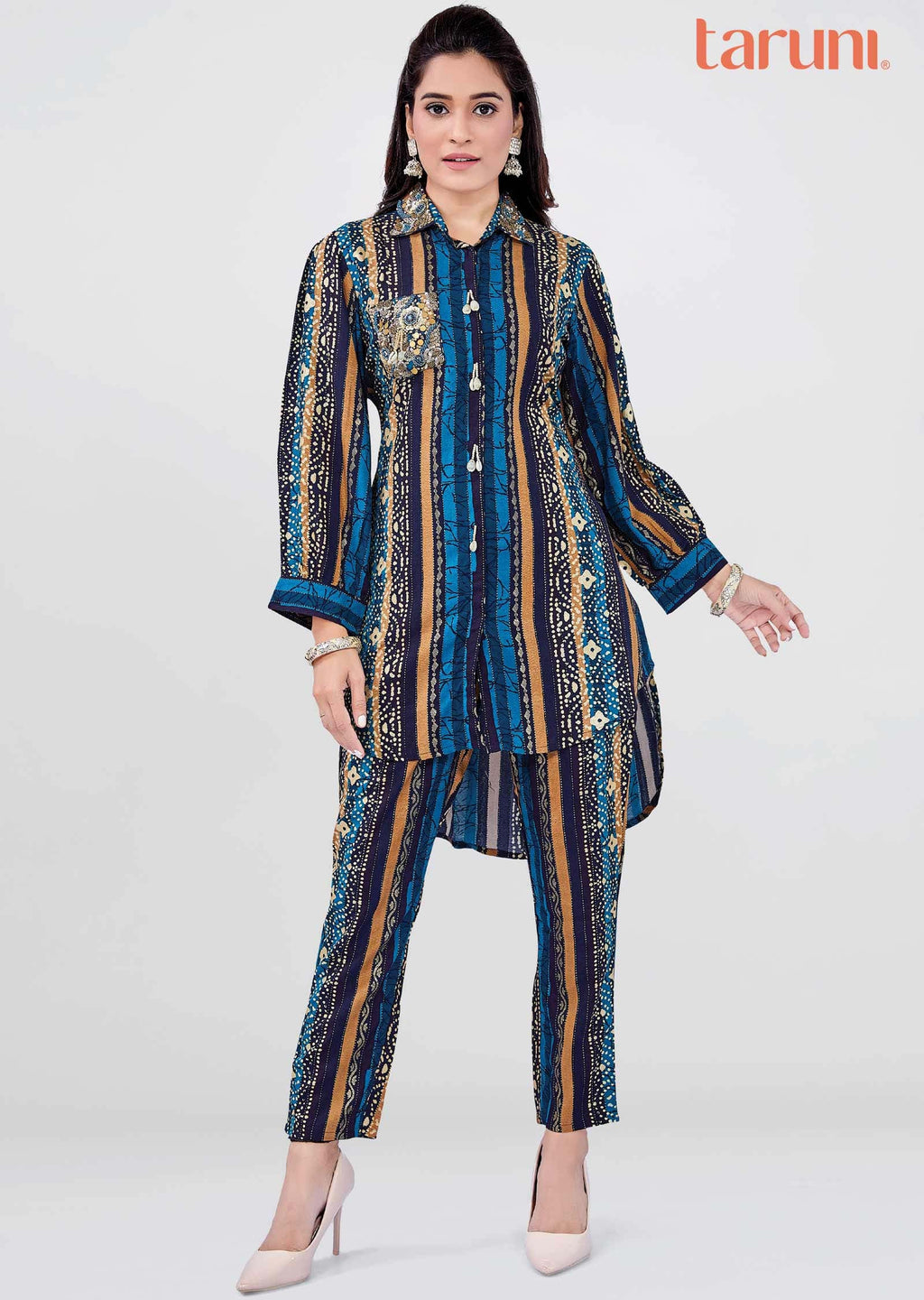 Navy Blue Reyon Embroidered Co-Ord Set