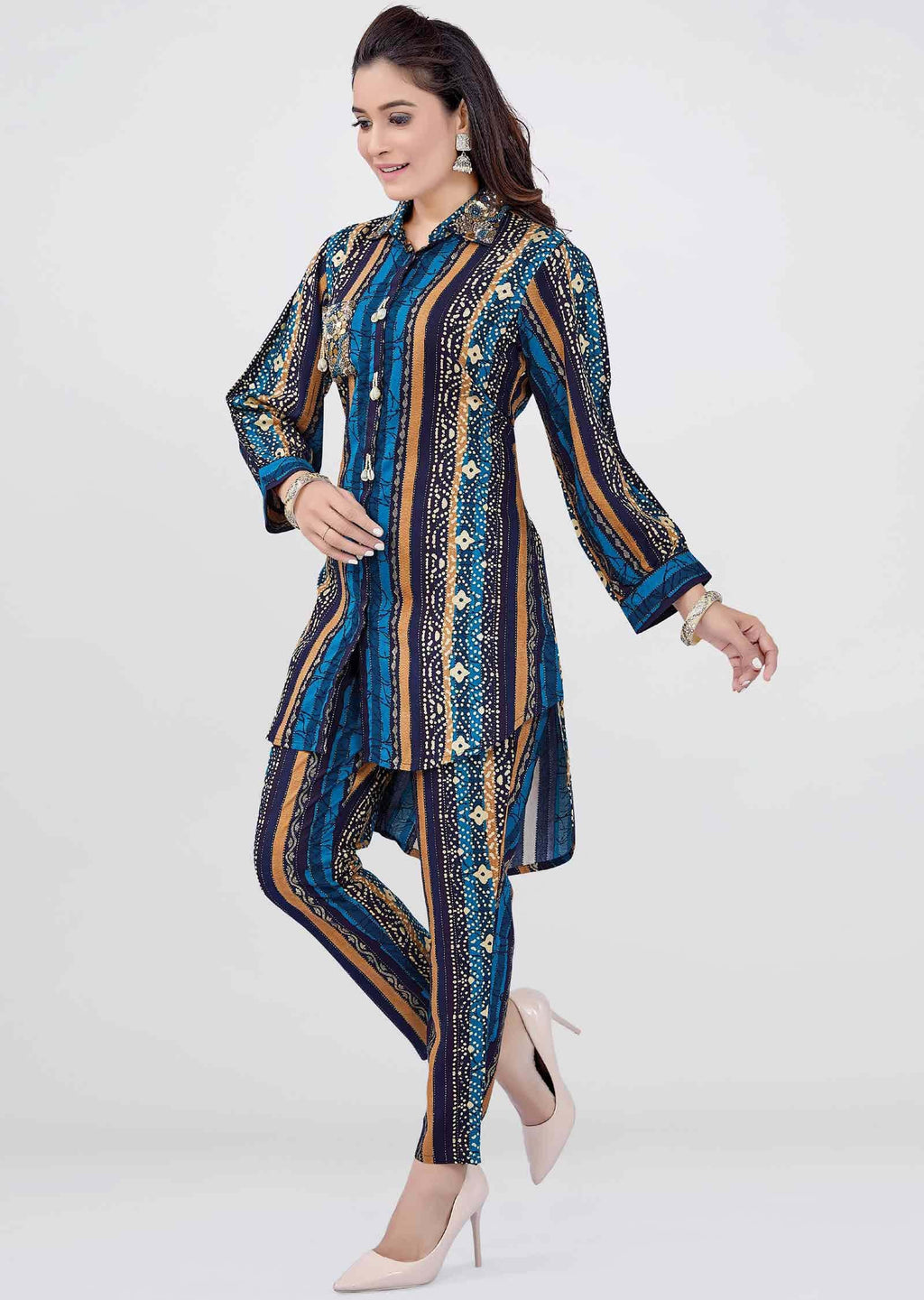 Navy Blue Reyon Embroidered Co-Ord Set