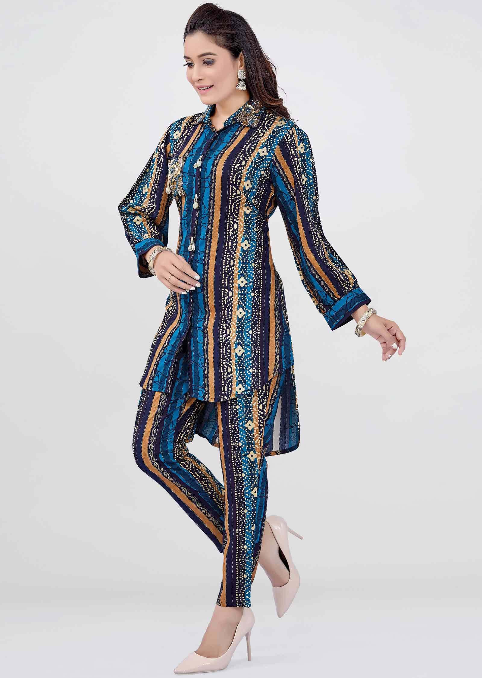 Navy Blue Reyon Embroidered Co-Ord Set