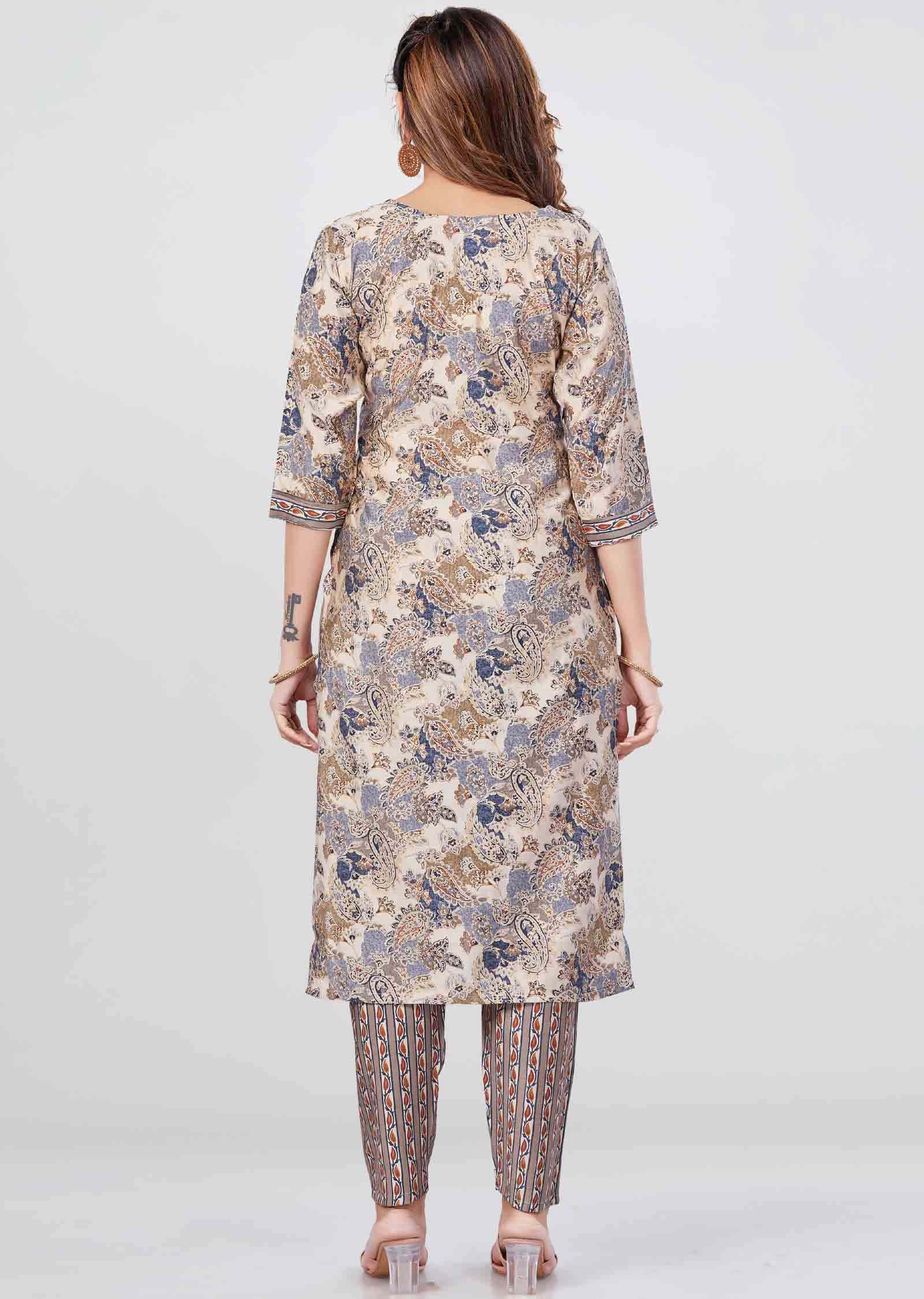 Beige Muslin Printed Kurti Sets