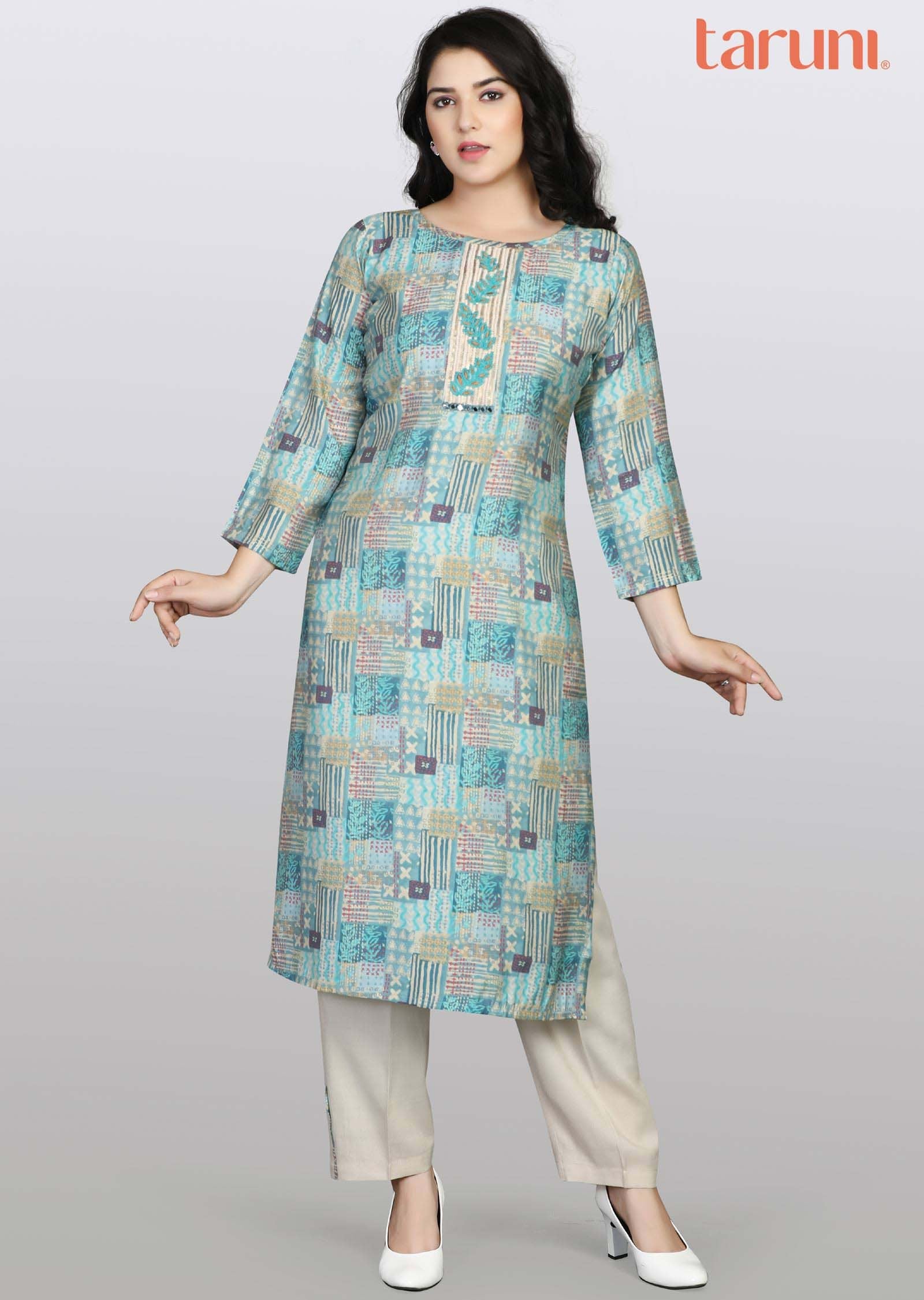 Sea Green Modal Sequins Kurti Sets