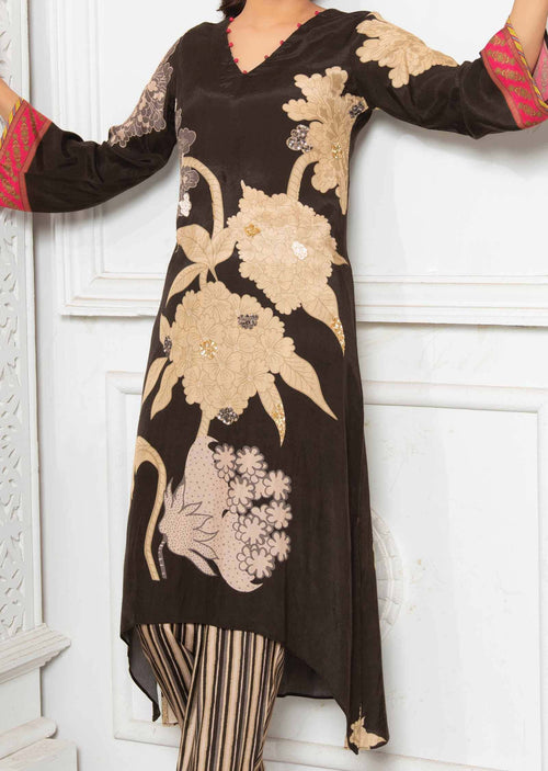 Black & beige Muslin Embroidered Kurti Sets
