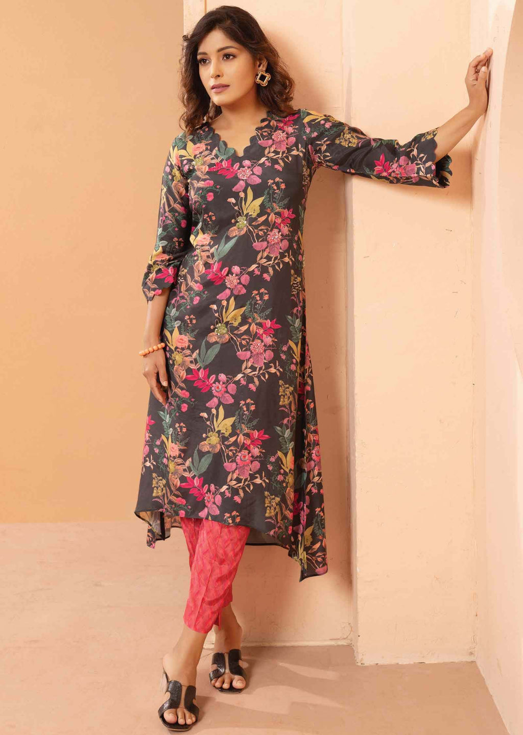 Grey & Pink Muslin Embroidered Kurti Sets