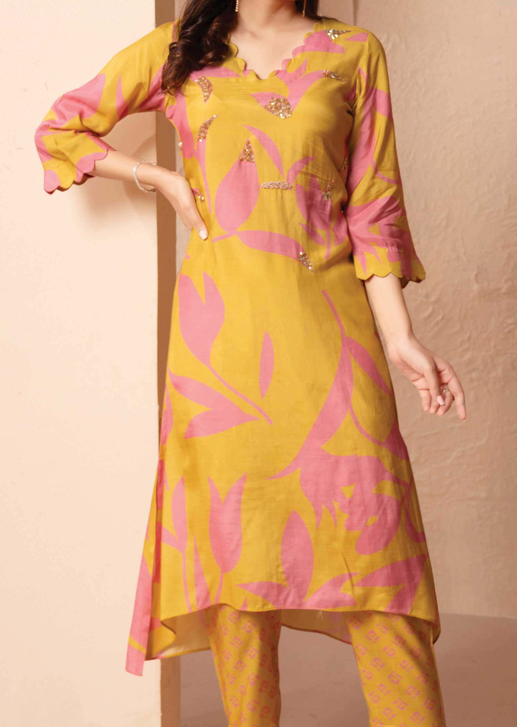 Yellow & Pink Muslin Embroidered Kurti Sets
