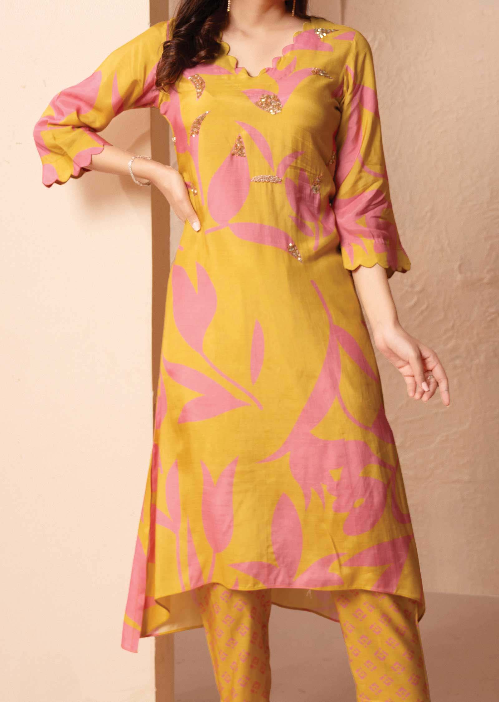 Yellow & Pink Muslin Embroidered Kurti Sets