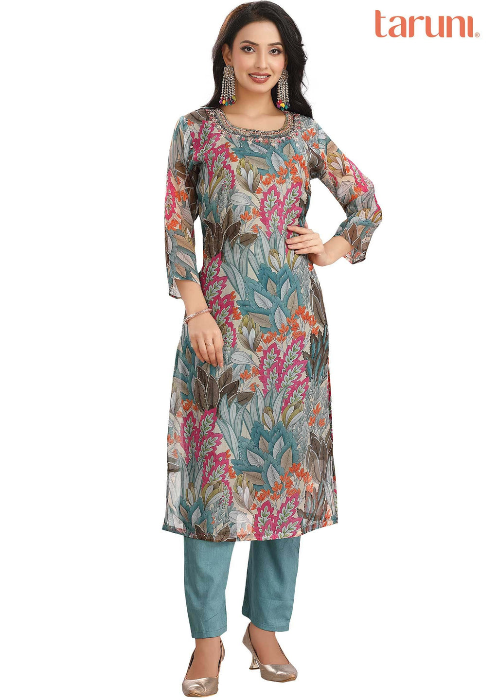 Dusty Blue & Multi Color Organza Embroidered Kurti Sets