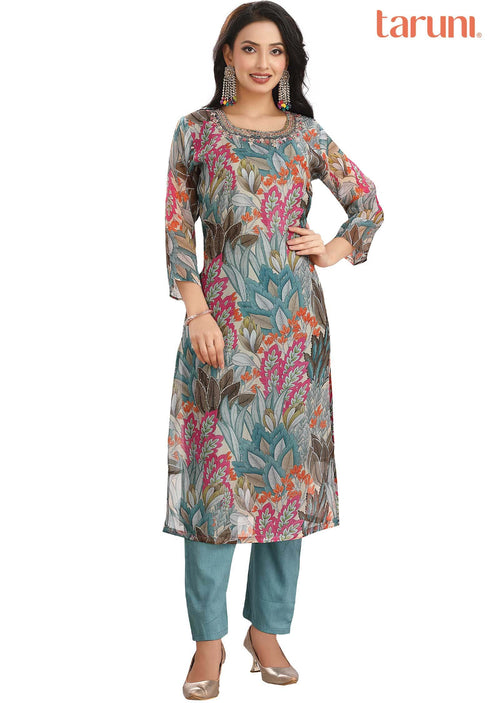 Dusty Blue & Multi Color Organza Embroidered Kurti Sets