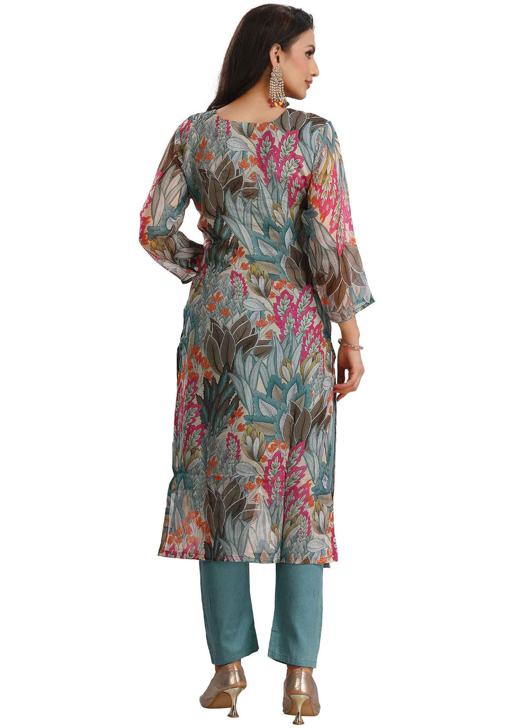 Dusty Blue & Multi Color Organza Embroidered Kurti Sets