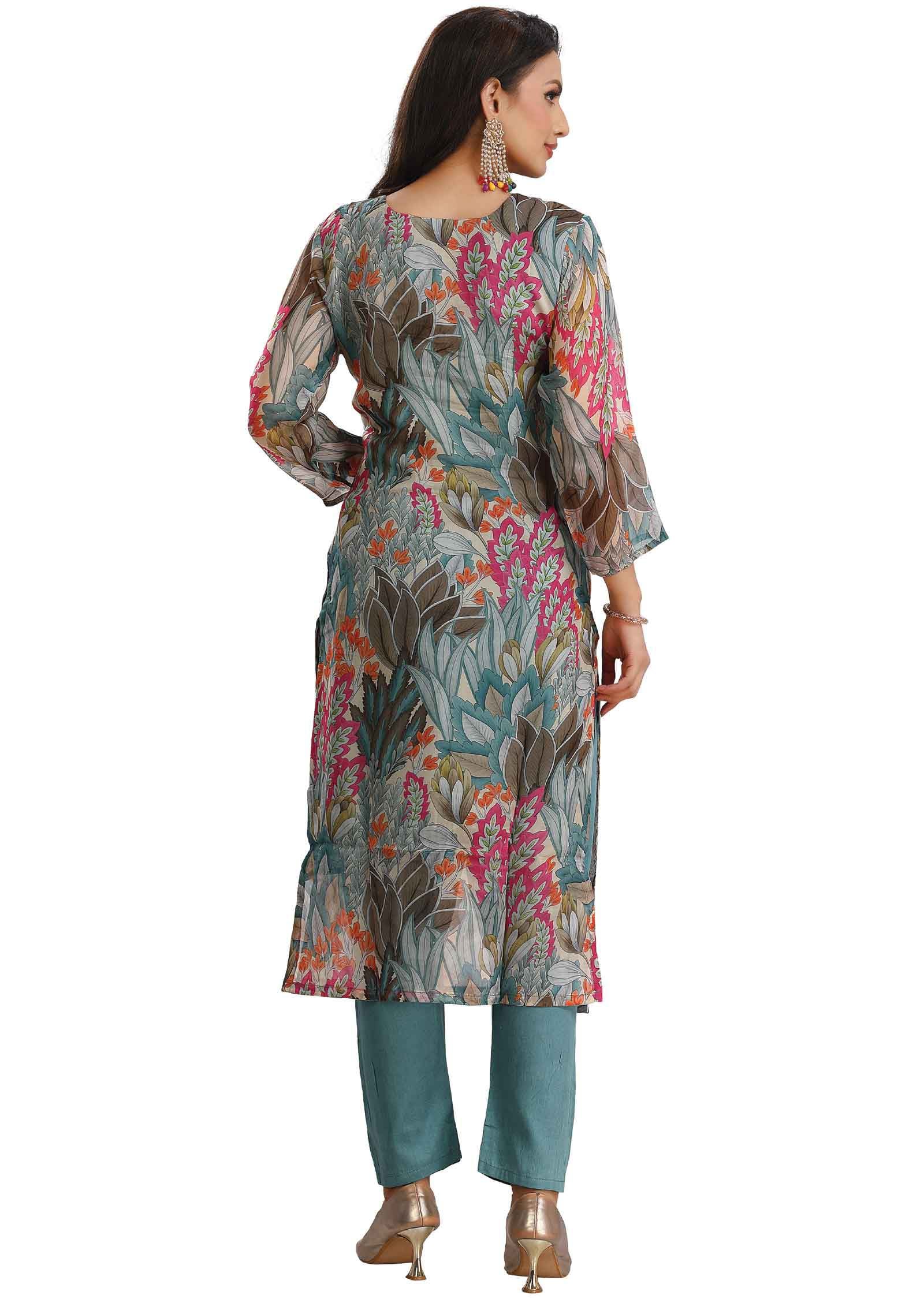 Dusty Blue & Multi Color Organza Embroidered Kurti Sets