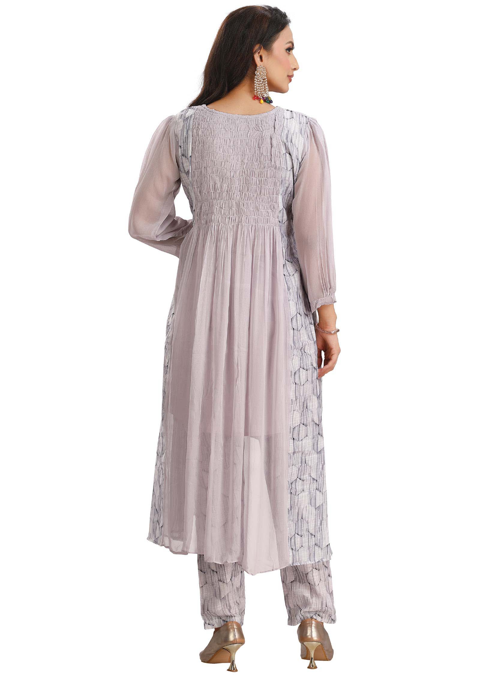 Lilac Georgette Embroidered Kurti Sets