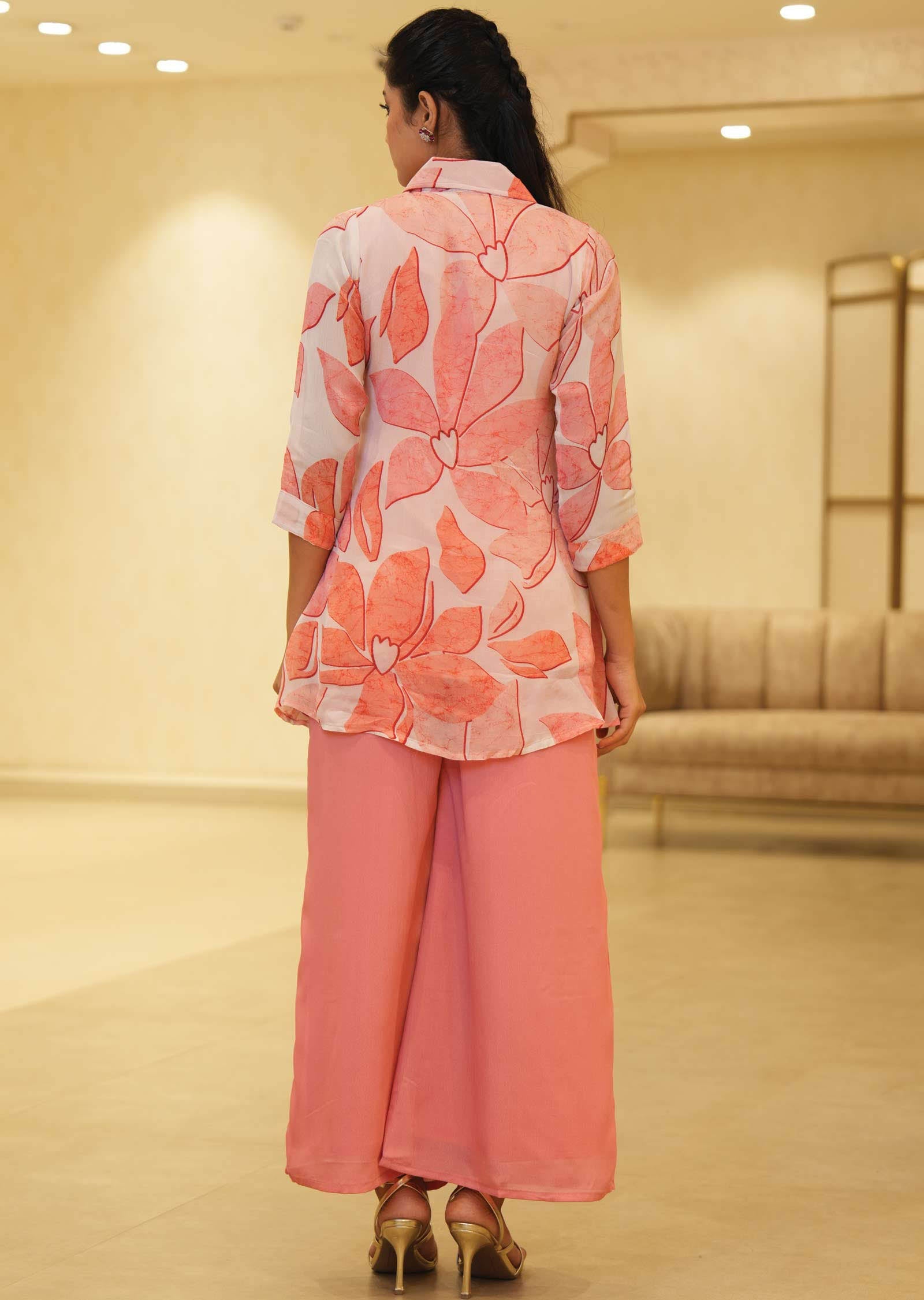 Peach Muslin Embroidered Kurti Sets