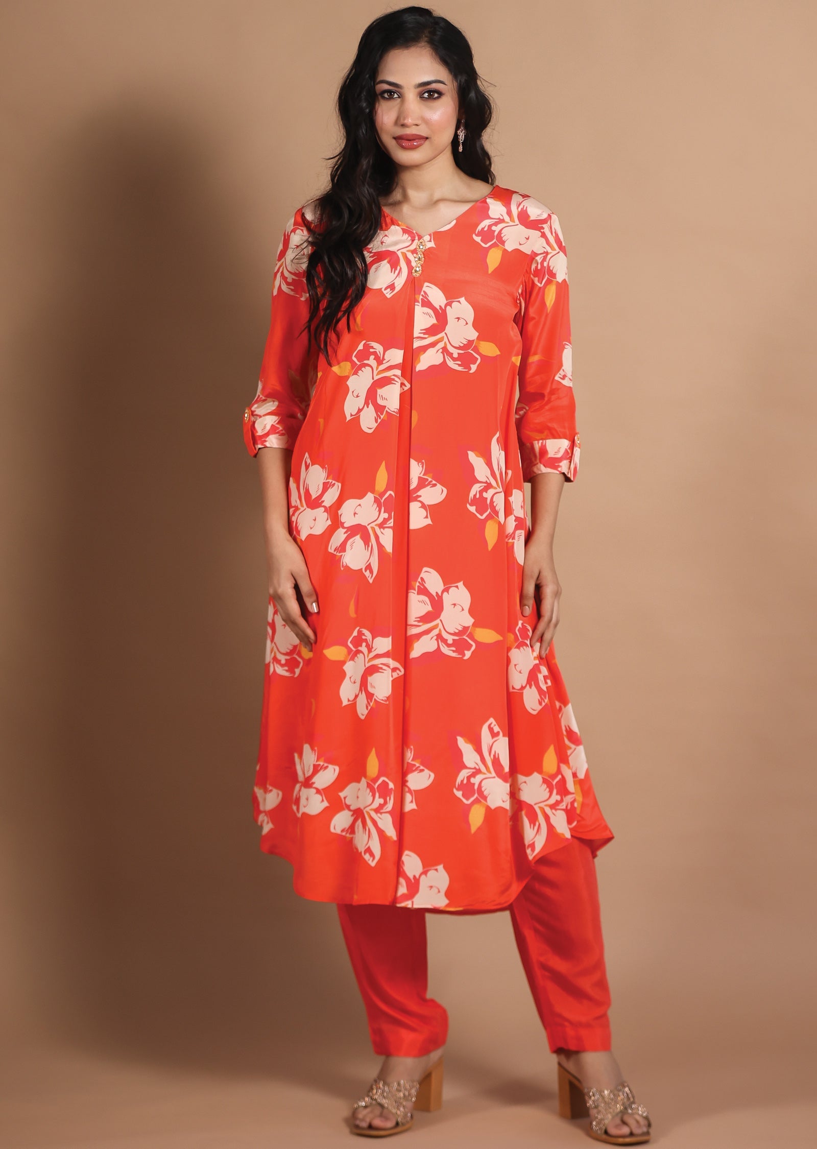 Light Orange Crepe Kurti Set