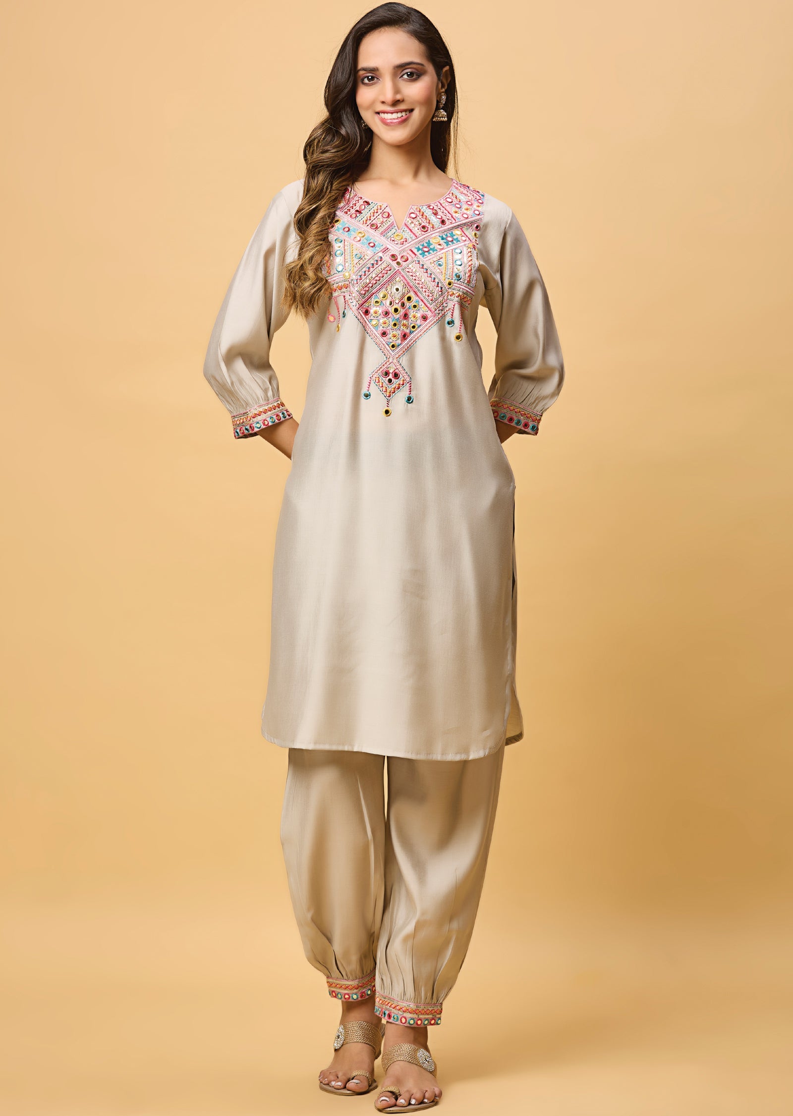 Silver Grey Russian Silk Straight Cut Kurti Set