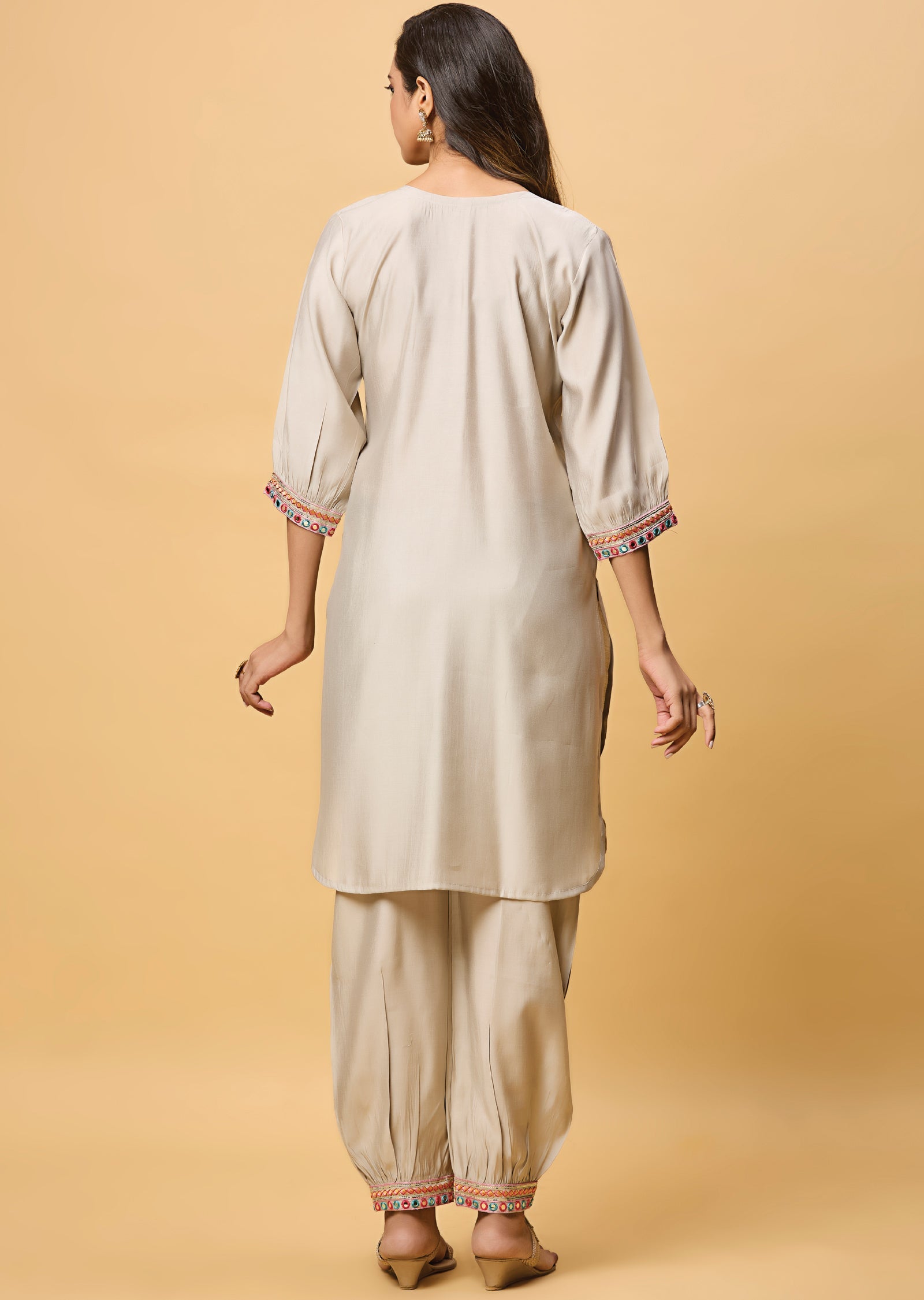 Silver Grey Russian Silk Straight Cut Kurti Set