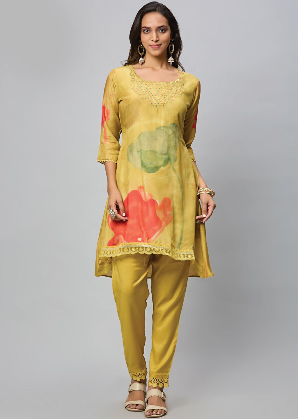 Mustard Muslin Straight Cut Kurti Set