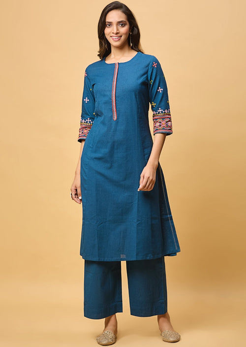 Blue Cotton Straight Cut Kurti Set