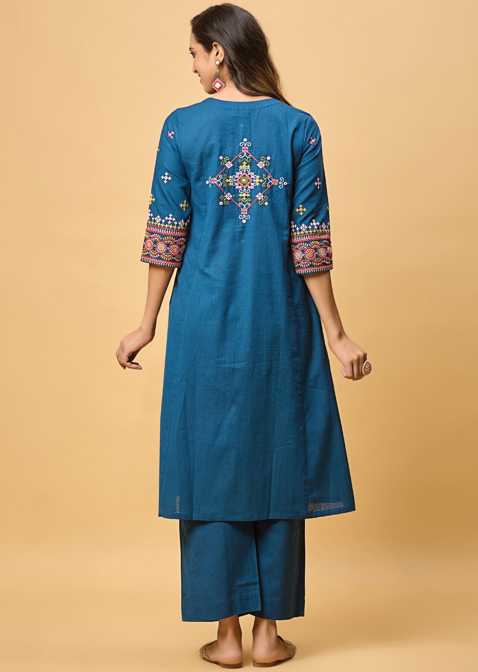 Blue Cotton Straight Cut Kurti Set
