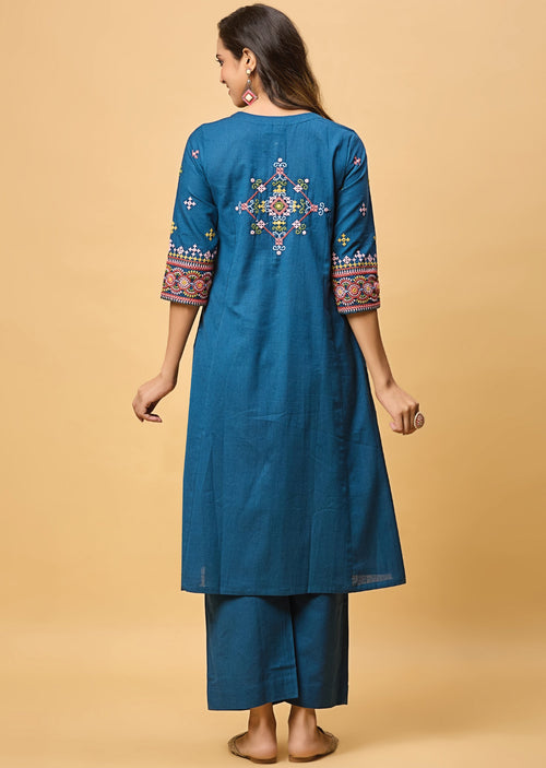 Blue Cotton Straight Cut Kurti Set