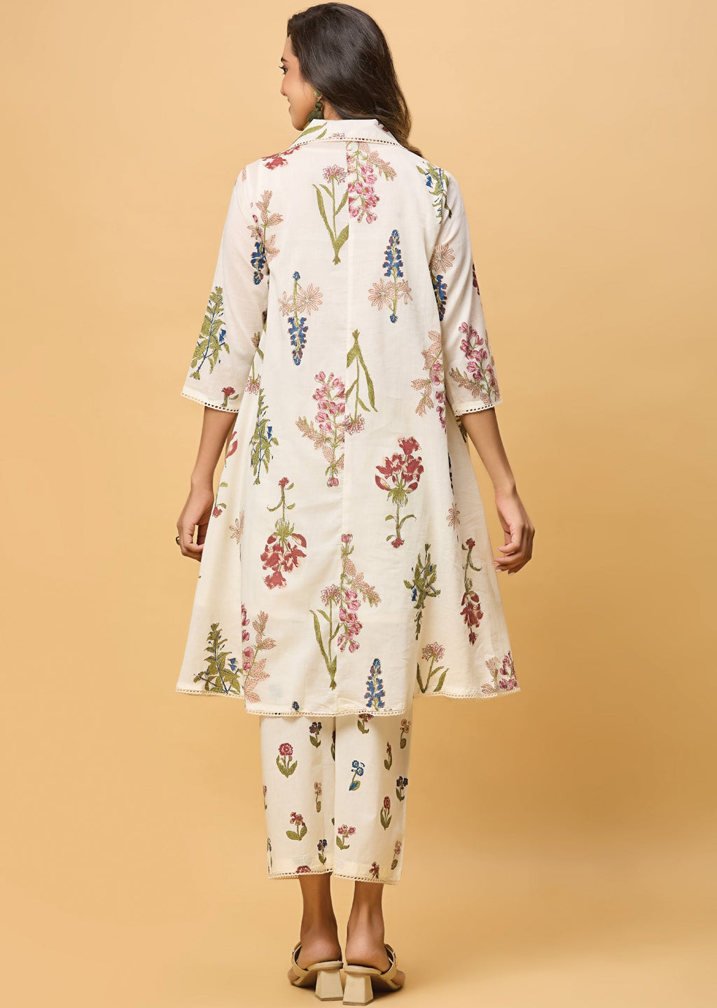 Off White Cotton Straight Cut Kurti Set