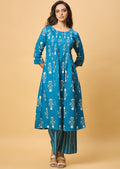 Blue Cotton Straight Cut Kurti Set