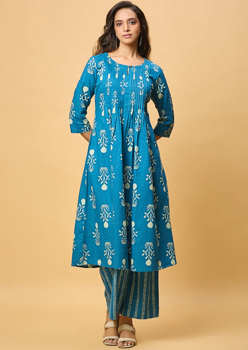 Blue Cotton Straight Cut Kurti Set