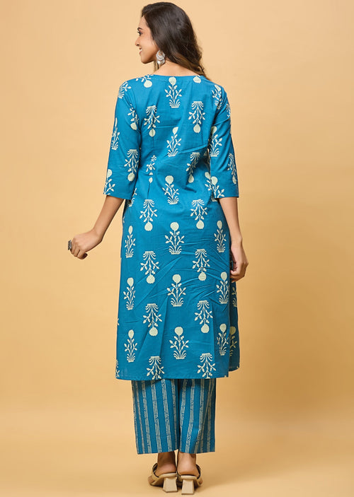 Blue Cotton Straight Cut Kurti Set
