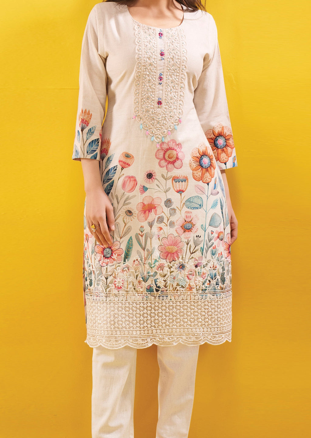 Cream Cotton Straight Cut Kurti Set
