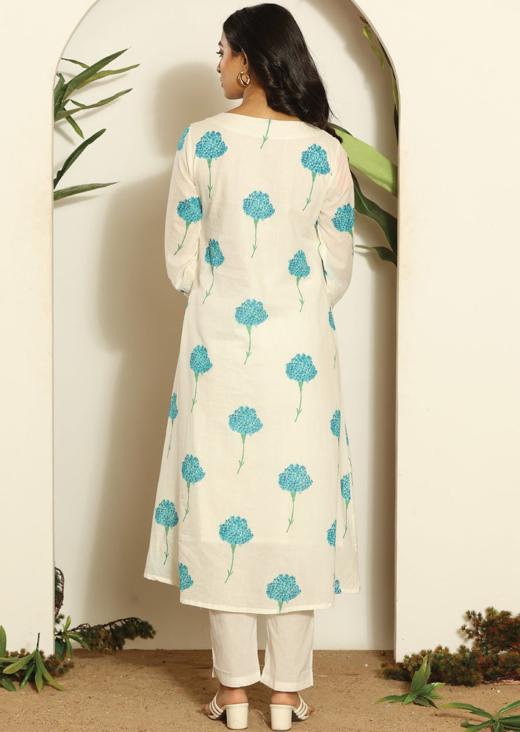 Off White Cotton Straight Cut Kurti Set