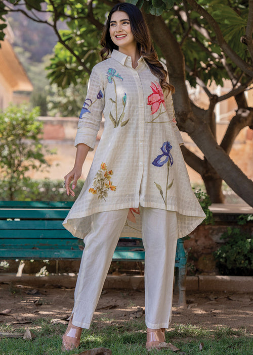Beige Cotton A-line Short Kurti Set