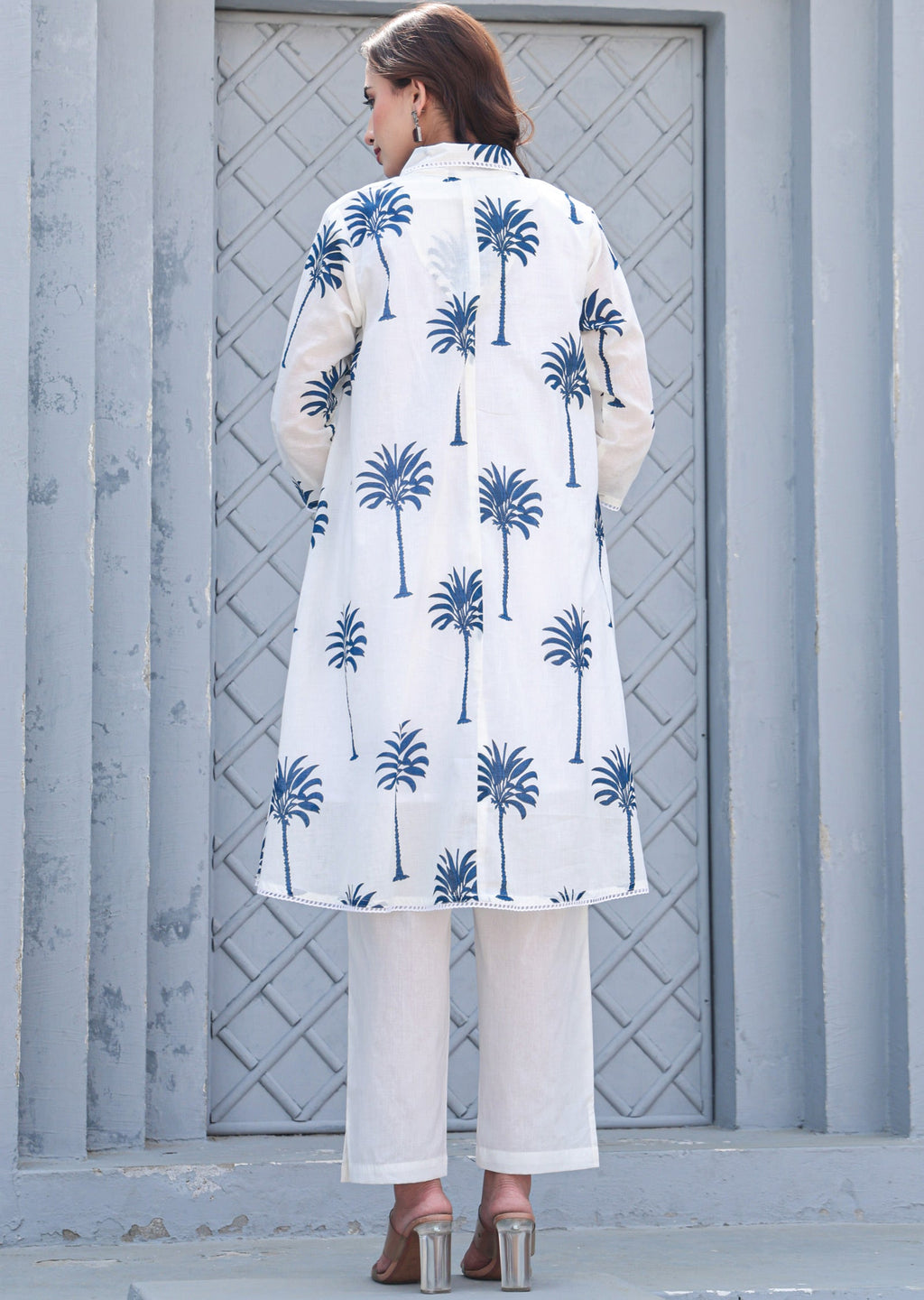 White & Blue Cotton A-line Kurti Set