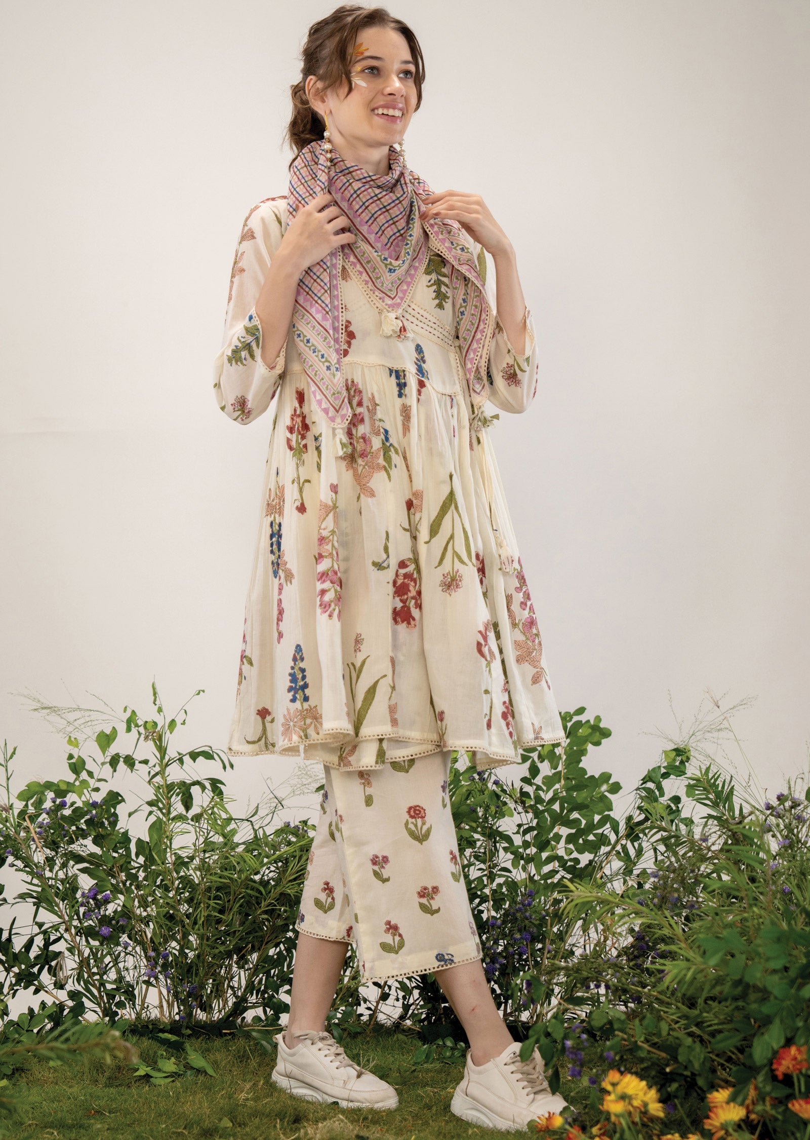 Beige Cotton Angrakha Style Kurti Co-ord Set