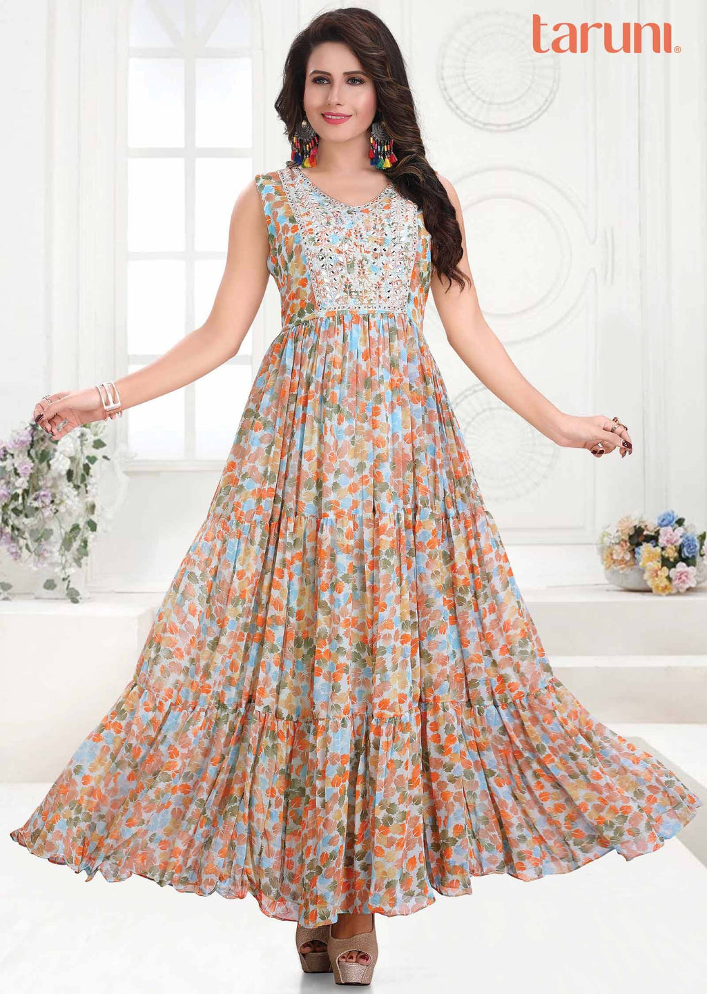 Light Blue Georgette Printed Long Dress