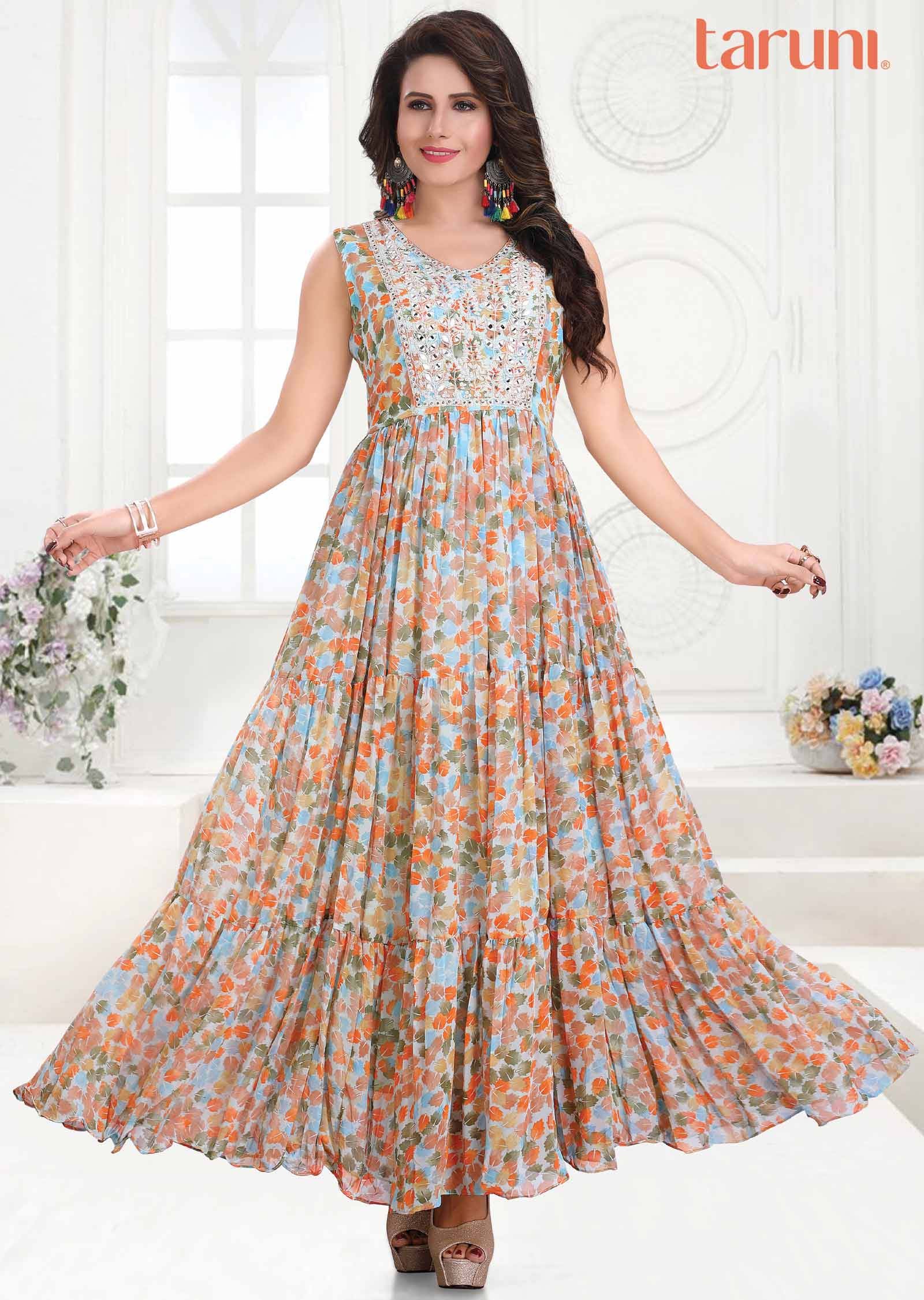 Light Blue Georgette Printed Long Dress