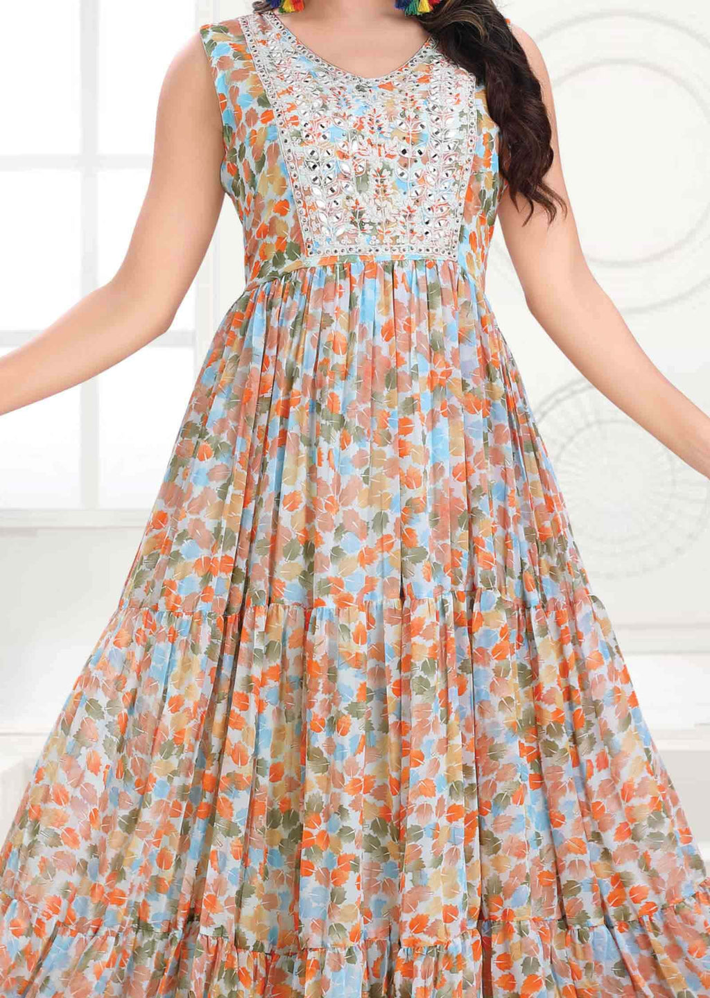 Light Blue Georgette Printed Long Dress
