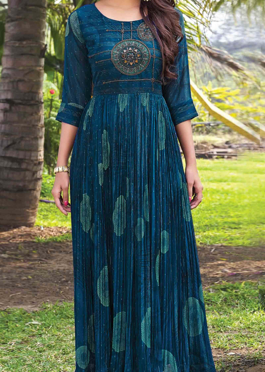 Teal Blue Georgette Printed Long Dress