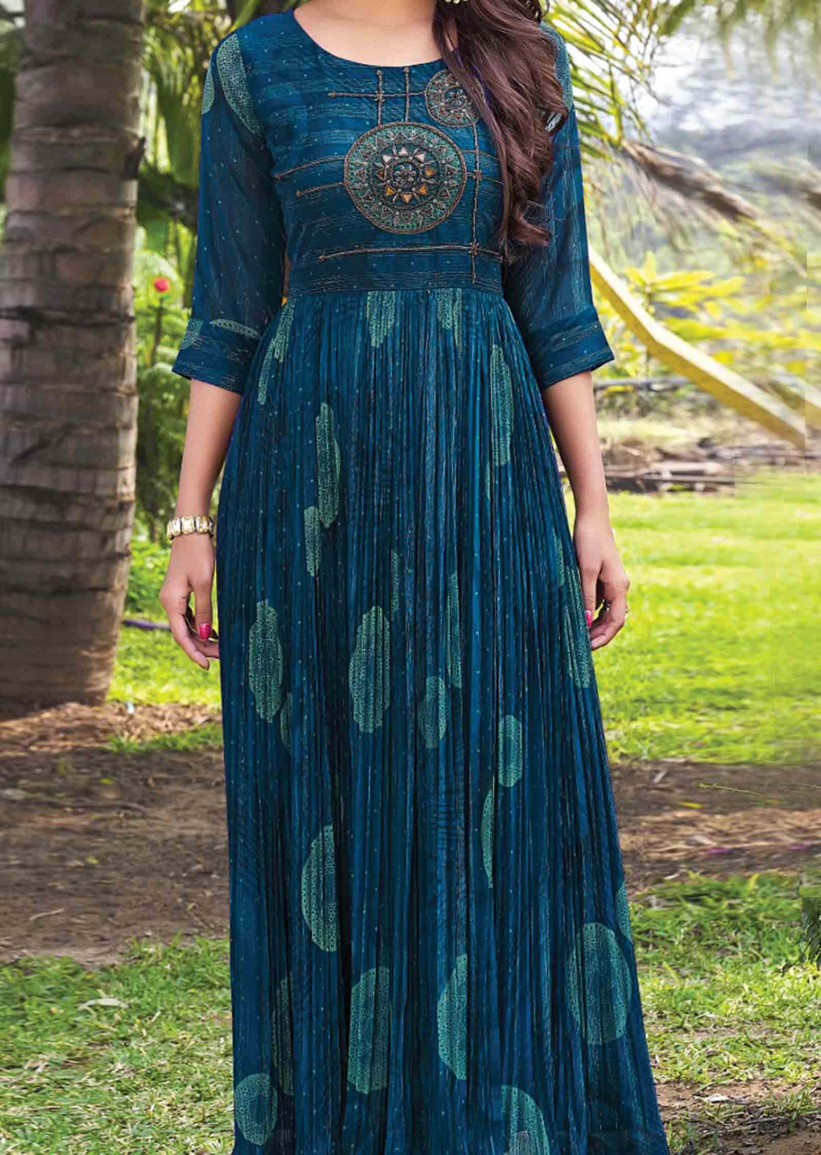 Teal Blue Georgette Printed Long Dress