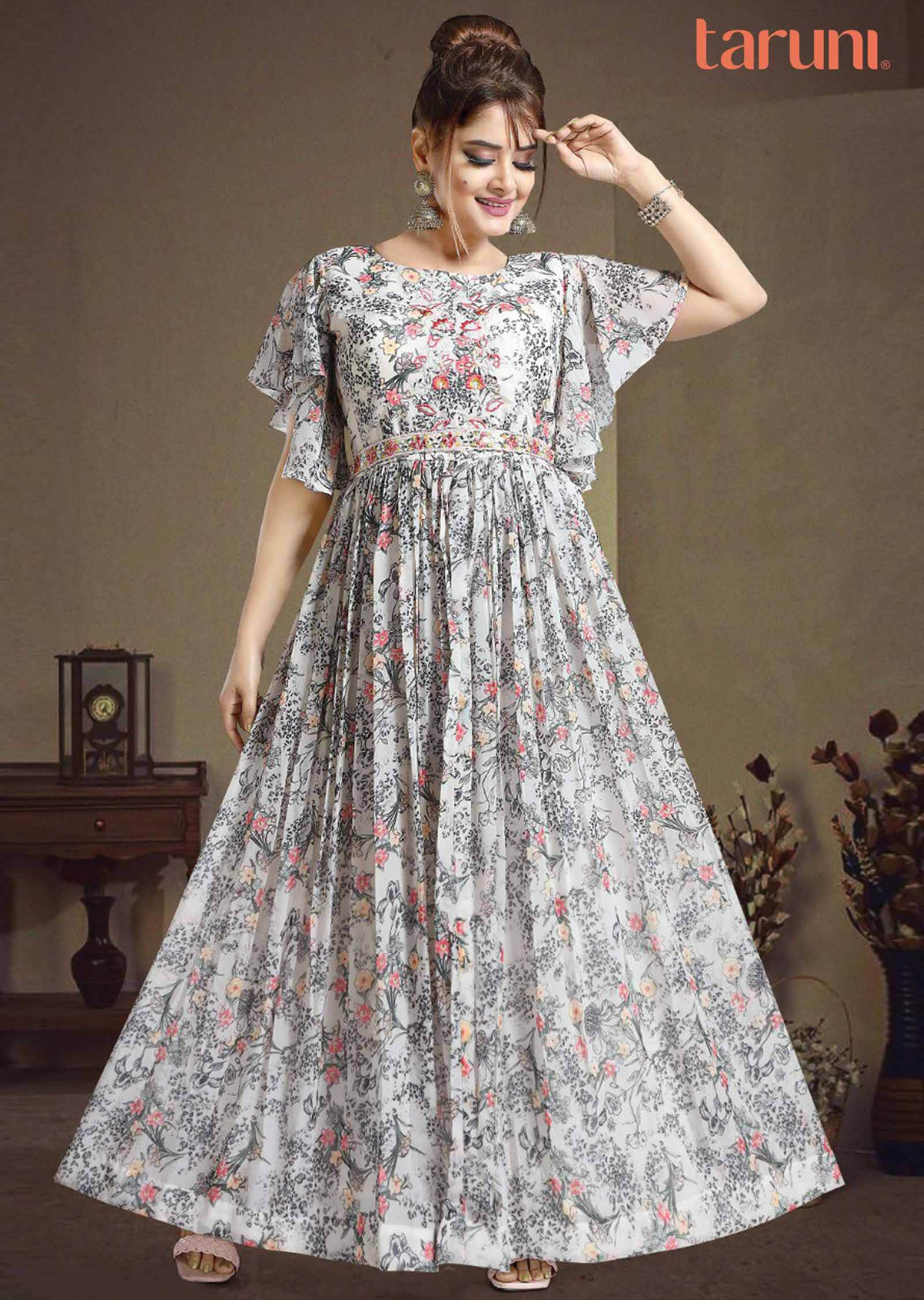 Beige Georgette Printed Long Dress