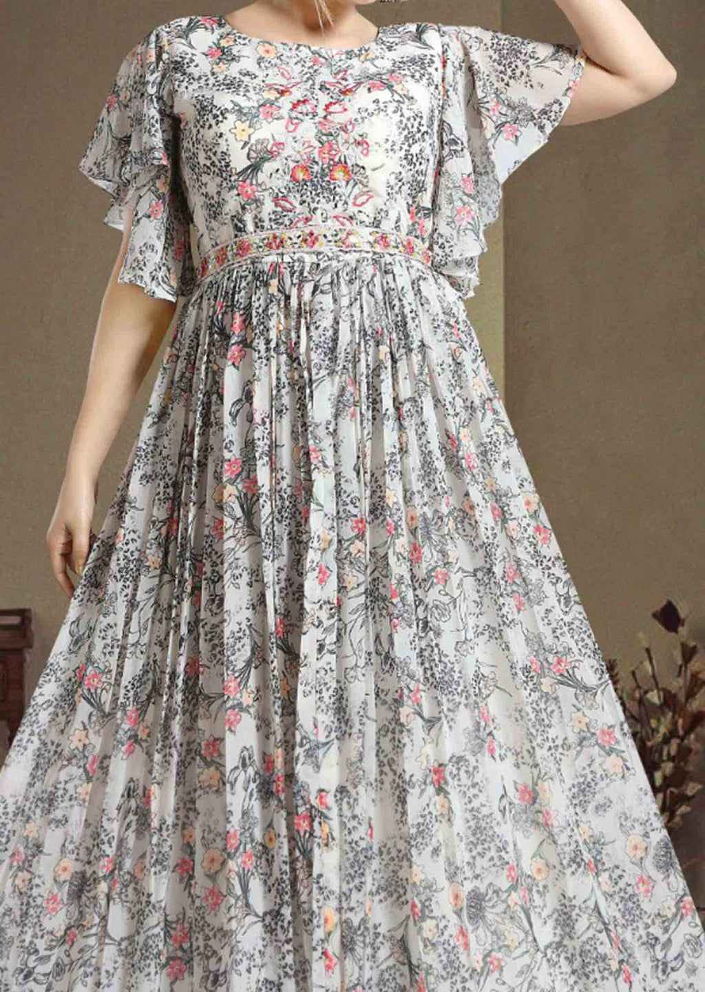 Beige Georgette Printed Long Dress
