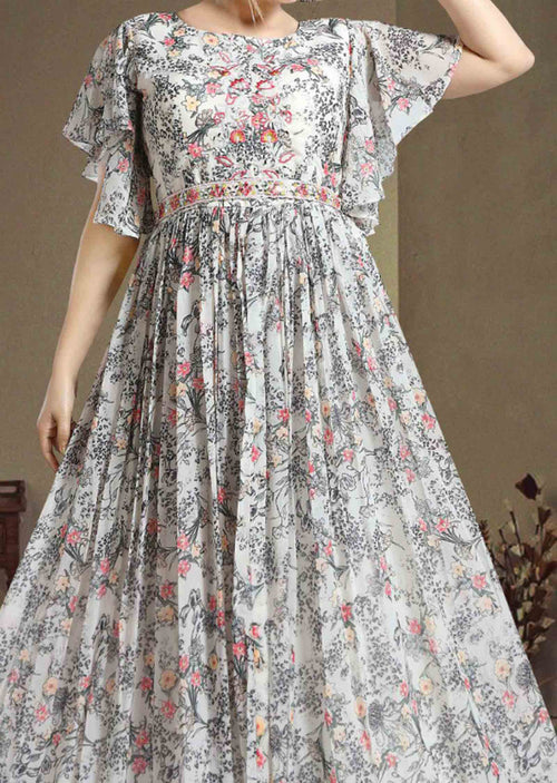 Beige Georgette Printed Long Dress