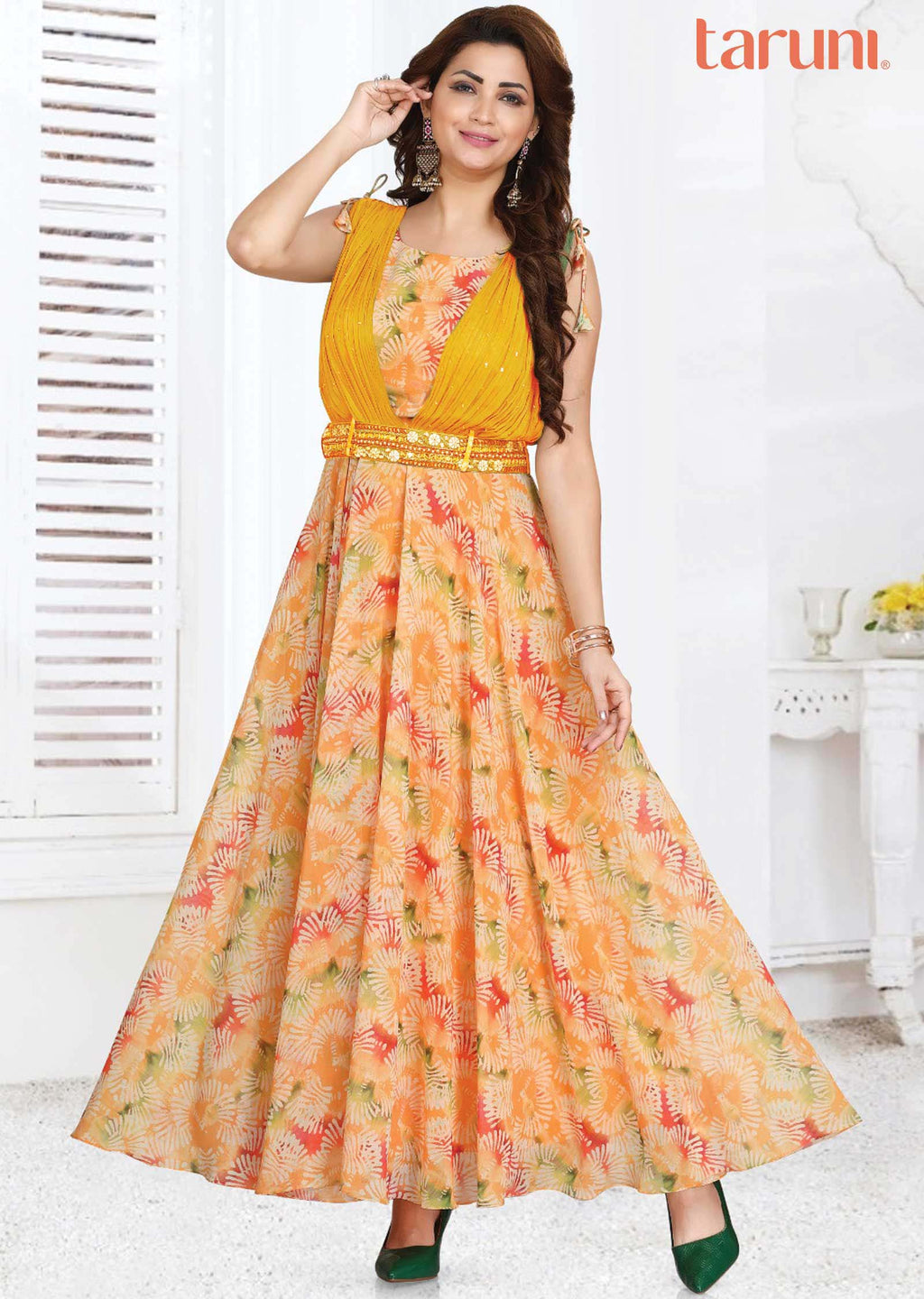 Mustard Georgette Printed Long Dress