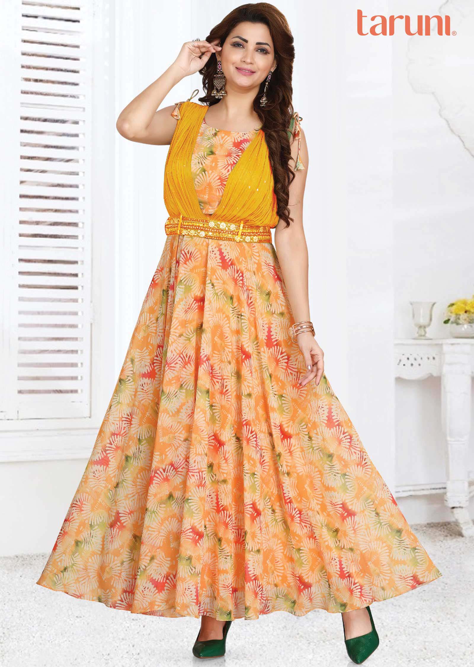 Mustard Georgette Printed Long Dress