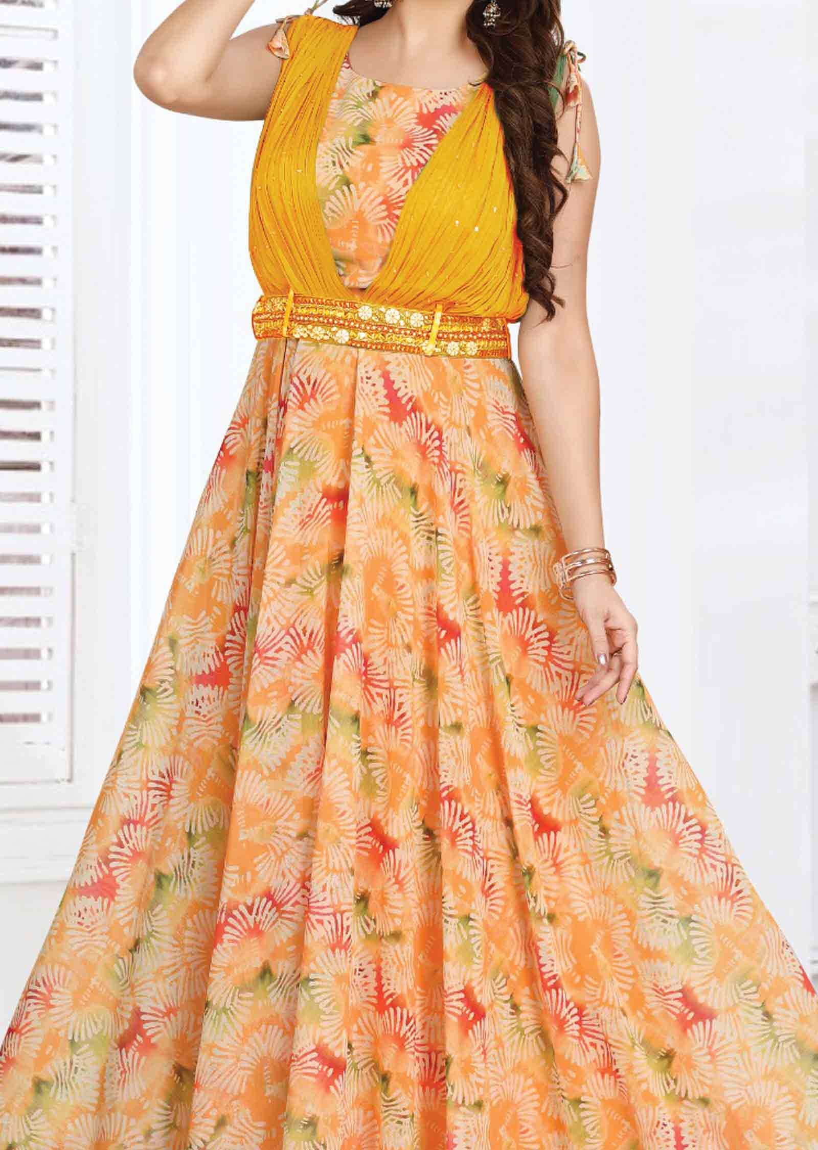 Mustard Georgette Printed Long Dress