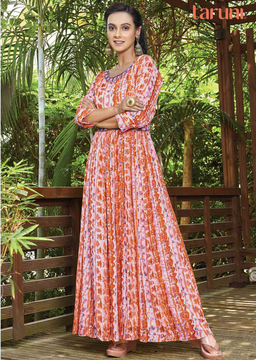 Cream Chinnon Printed Long Dress