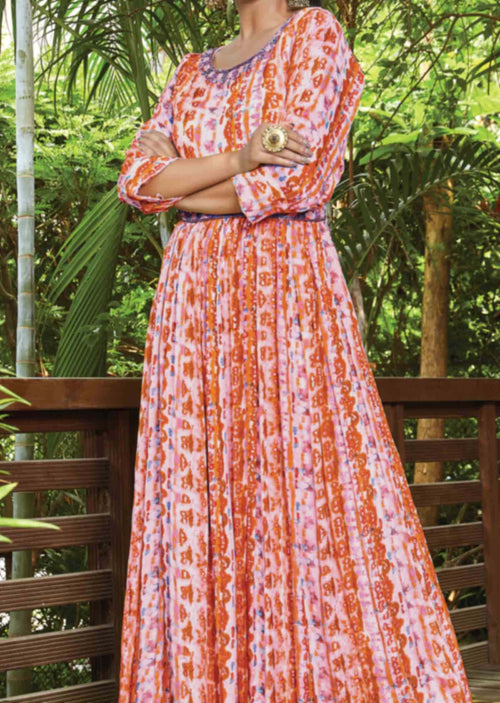 Cream Chinnon Printed Long Dress