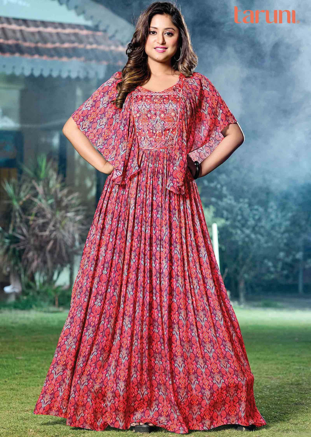 Rani Pink Chinnon Embroidered Long Dress