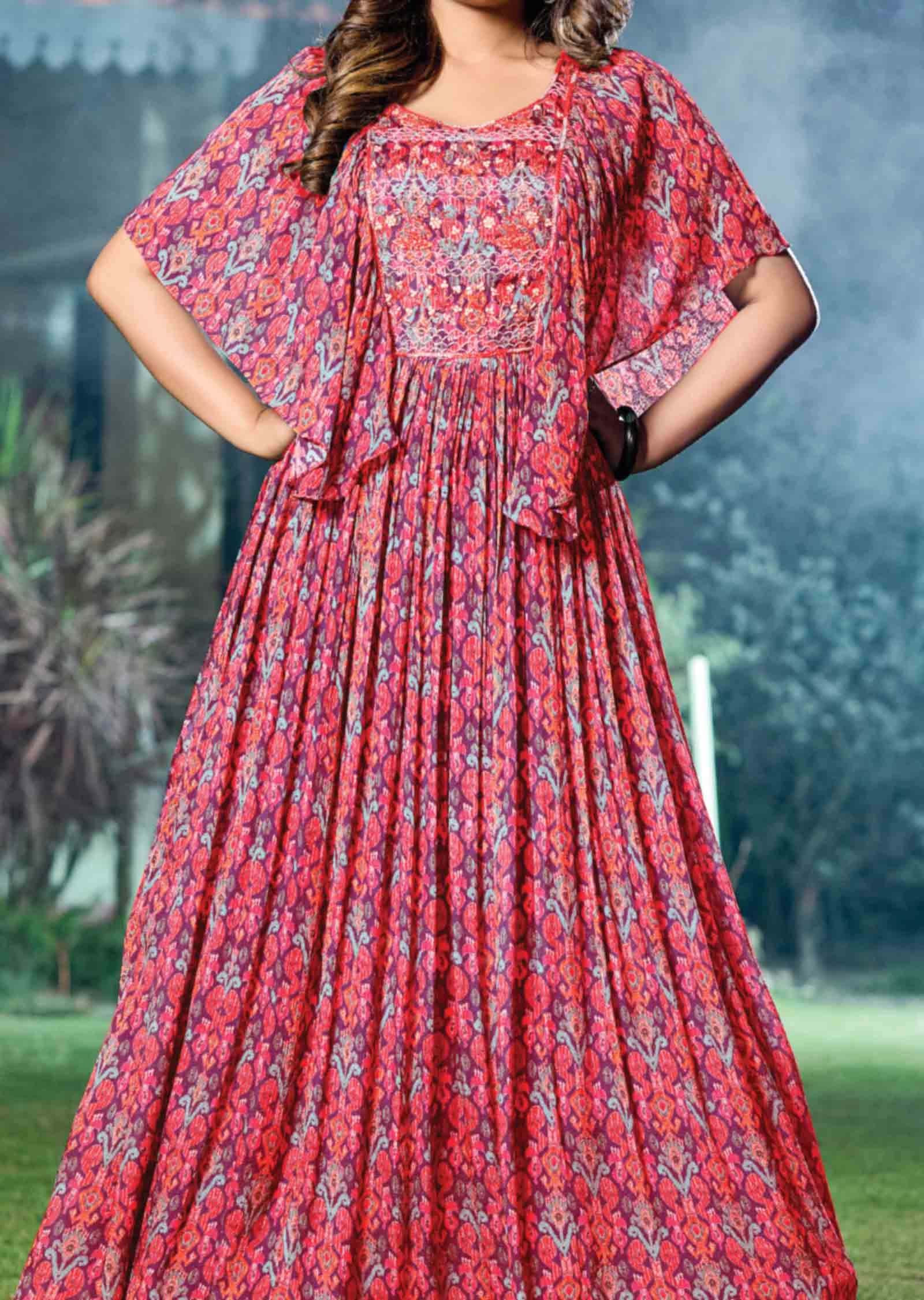 Rani Pink Chinnon Embroidered Long Dress