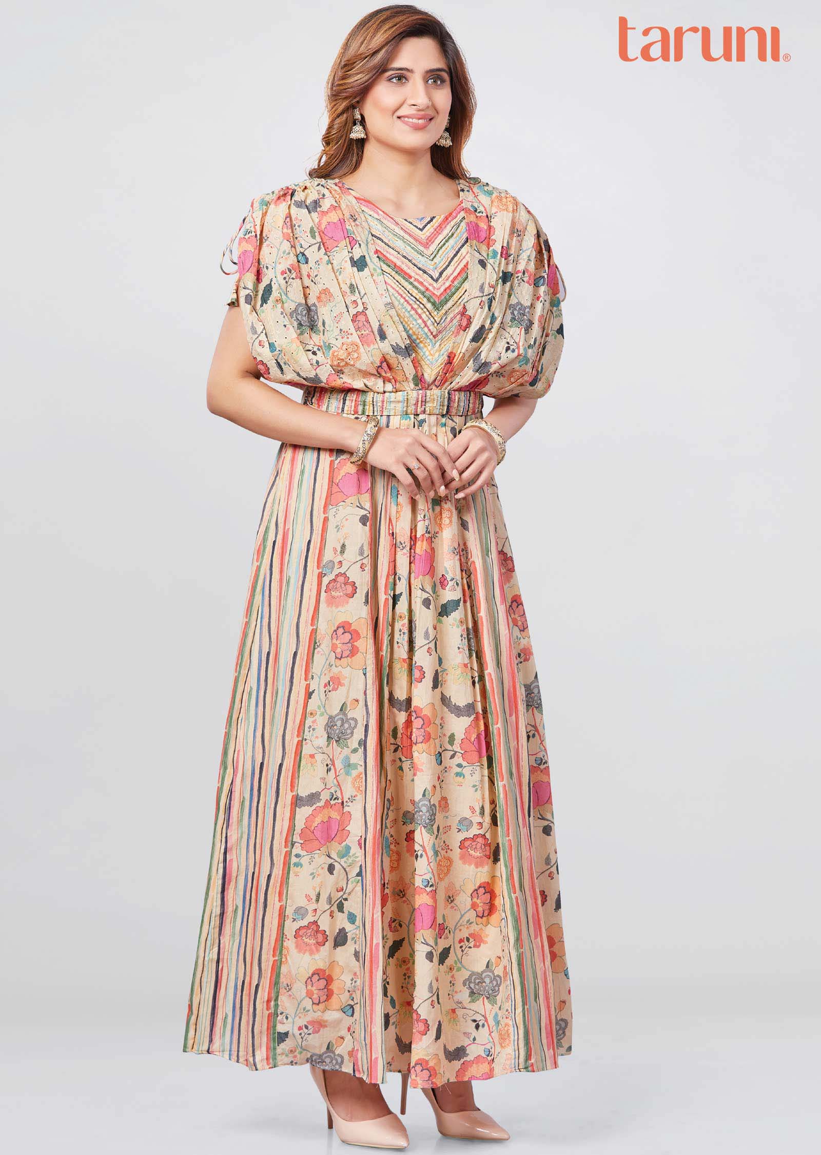 Beige Cotton Printed Long Dress