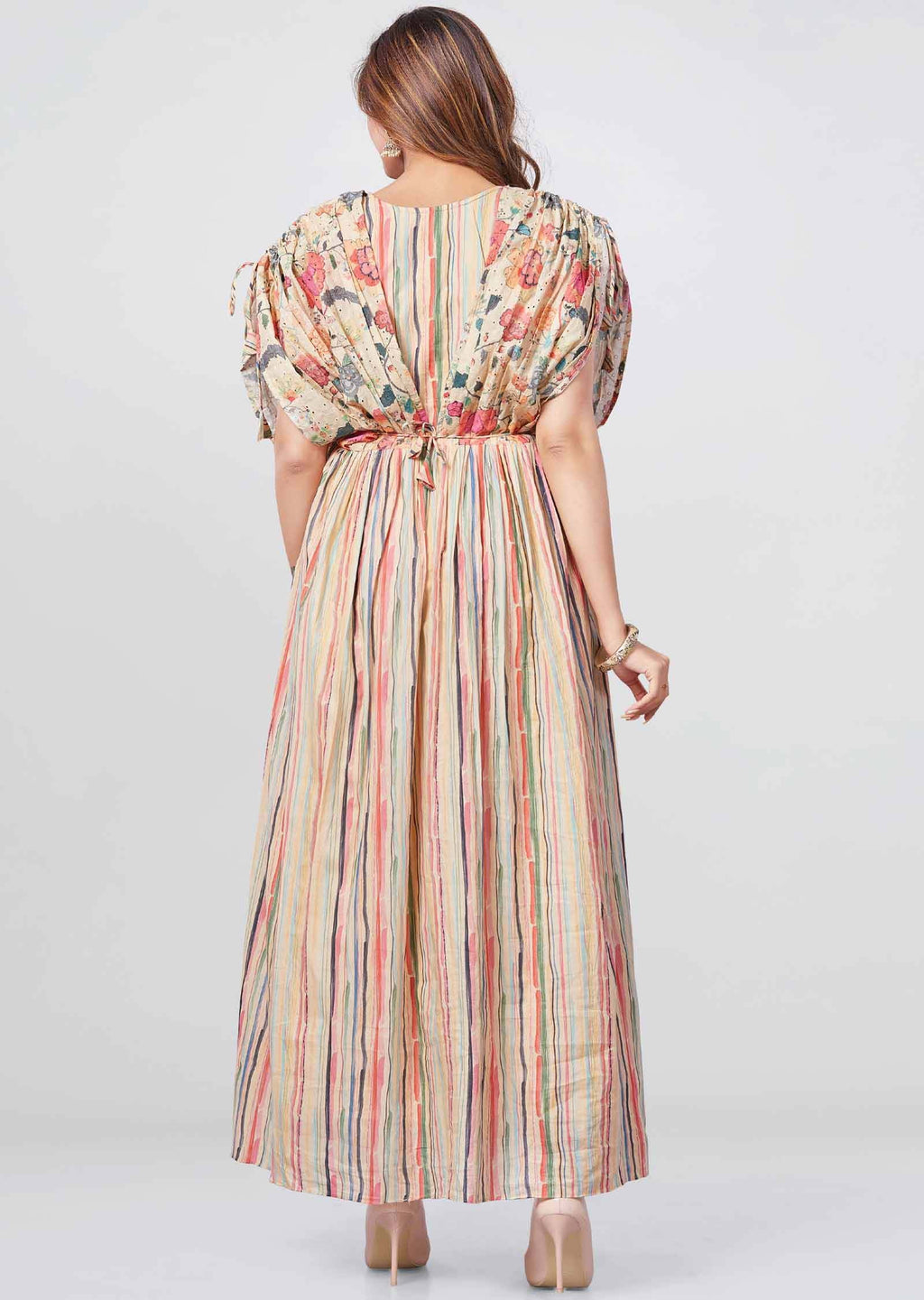 Beige Cotton Printed Long Dress